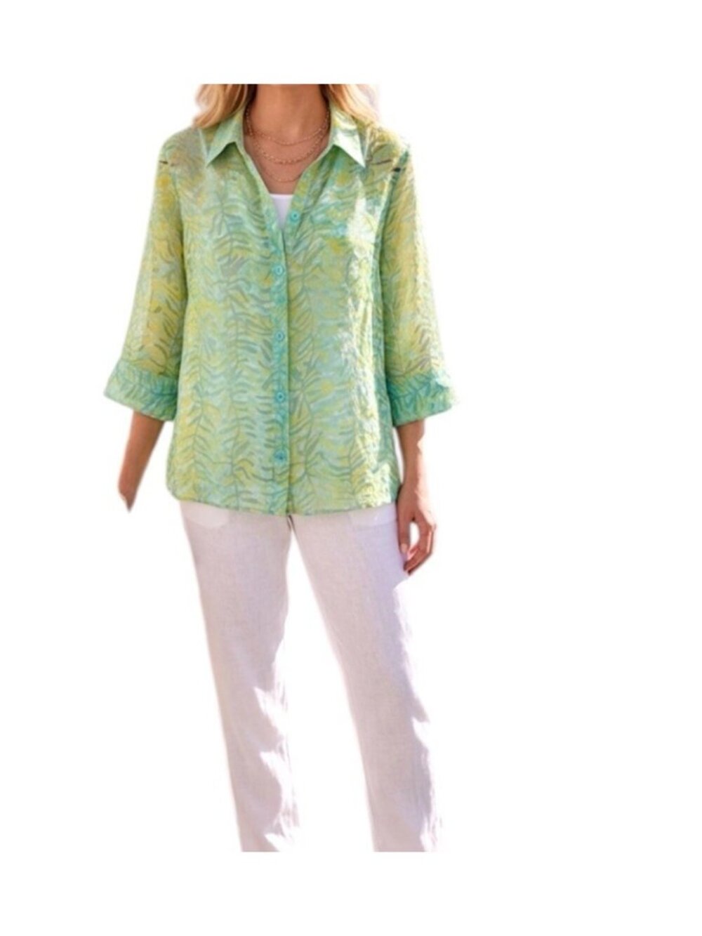 Lark Lane Blue Green Abstract Print Sheer Button Up Roll Tab Sleeve Top Medium